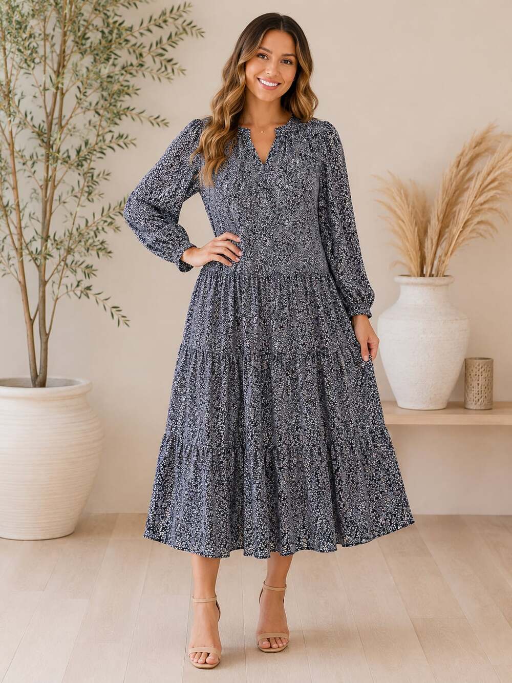 Piper & Scoot Floral Tiered Midi Dress XL Balloon Sleeve Black Purple Boho